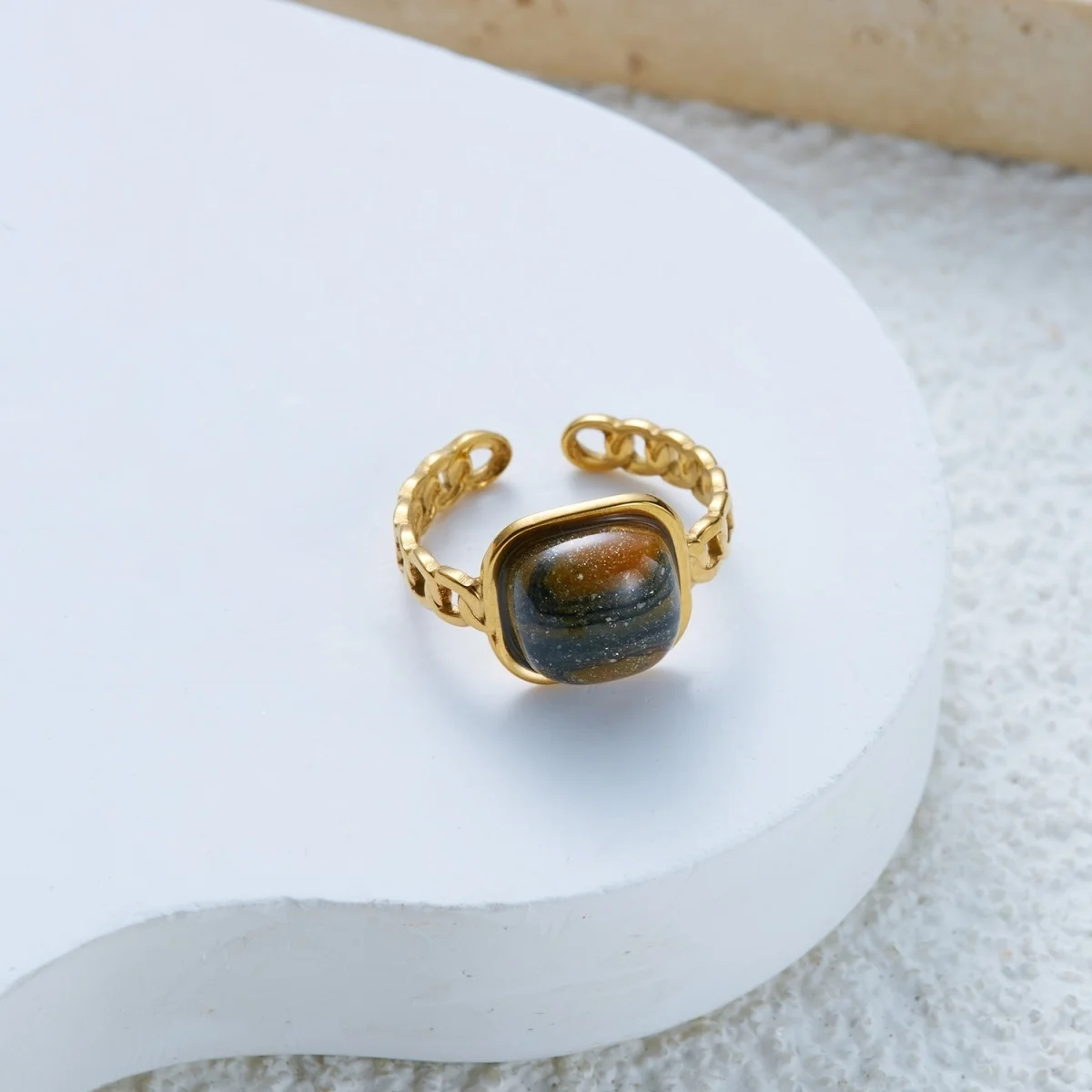 Edelstahl Natürlicher Tigerauge-Stein Wassertropfen-Hammer-Ring Breiter Ring für Damen und Herren Französischer Vintage Geometrischer Blumenring Schmuck – Detail 15