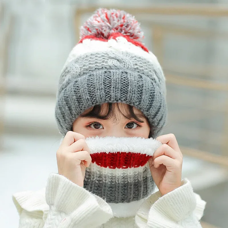 Girl Winter Stripe Beanies Hat Scarf Set Child Braided Cable Knit Pom Pom Hat And Ring Scarves Kids Warm Cap 4-12T Wear Pink