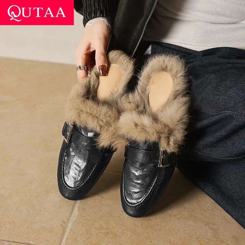 QUTAA 2027 Fashion Rabbit fur Warm Women Flats Shoes Cow Leather Winter Casual Shoes Round Toe Mules Slingbacks Ladies 34-40