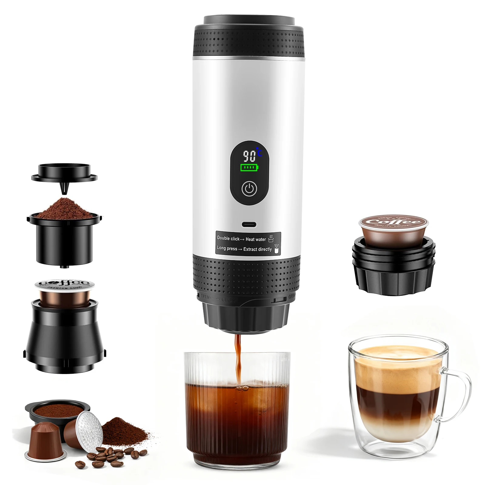 Cafetera de Cápsulas 3 en 1 con Pantalla Digital, Cafetera Espresso Portátil para Auto, Hogar y Camping