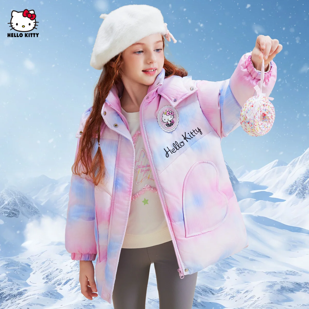 

【Официально лицензированная】Зимняя толстая куртка Hello Kitty для девочек, детская одежда с градиентом цвета и карманами в форме сердца, идеальный дизайн