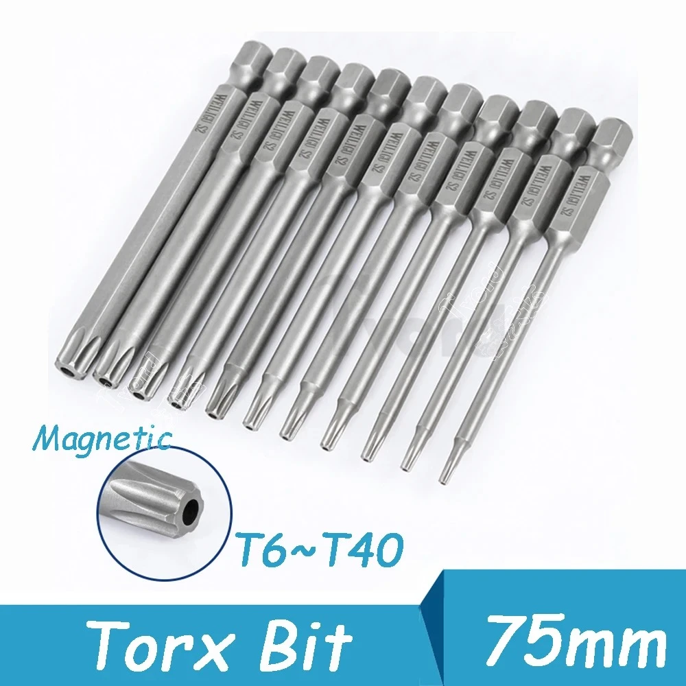 Torx Bit Set Magnetic 75mm Length Screwdriver Head T6 T7 T8 T9 T10 T15 T20 T25 T27 T30 T40 Tamper Proof Security Drill Bit Set