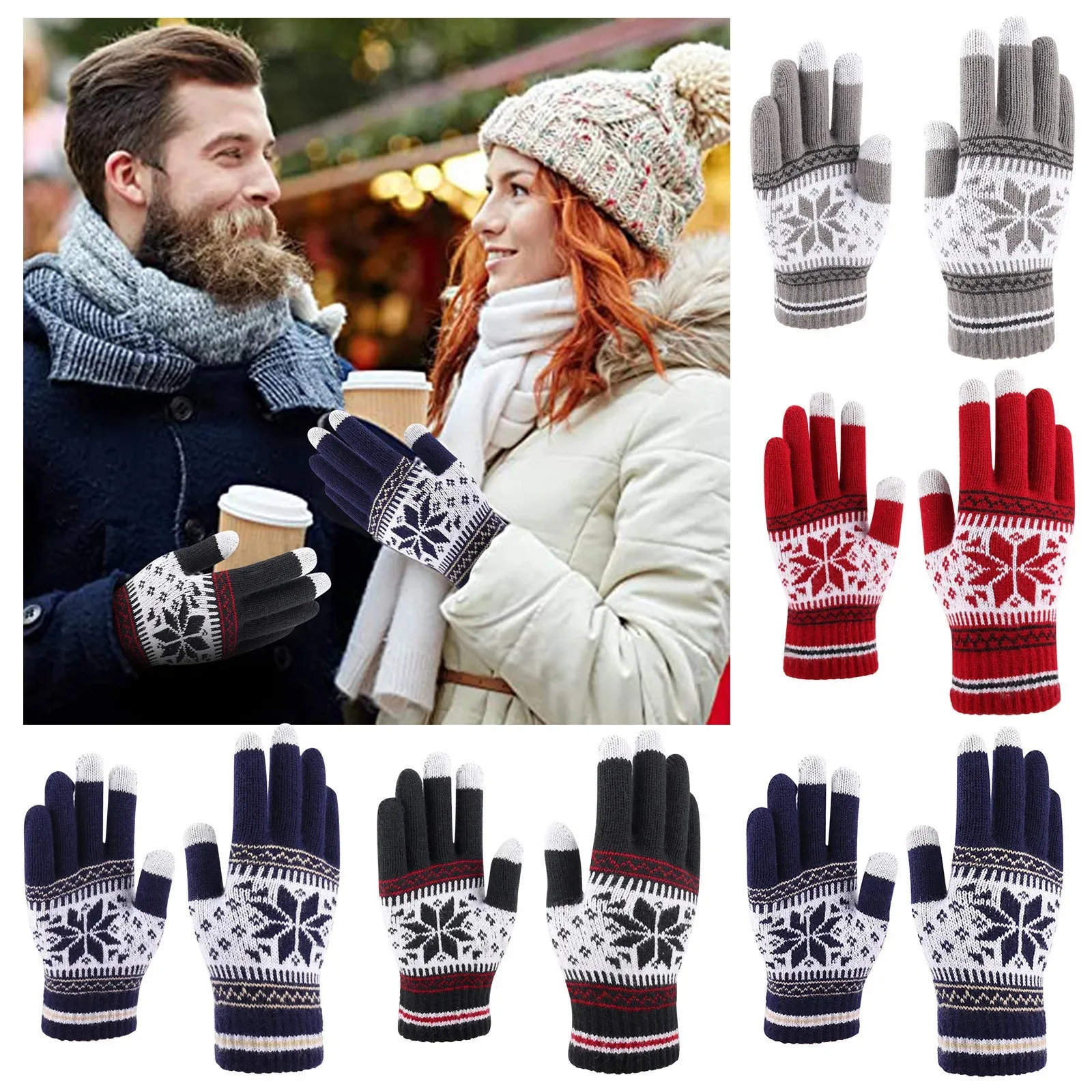 Moda inverno luvas quentes mulheres homens estiramento de malha floco de neve dedo cheio guantees unisex luvas grossas tela toque