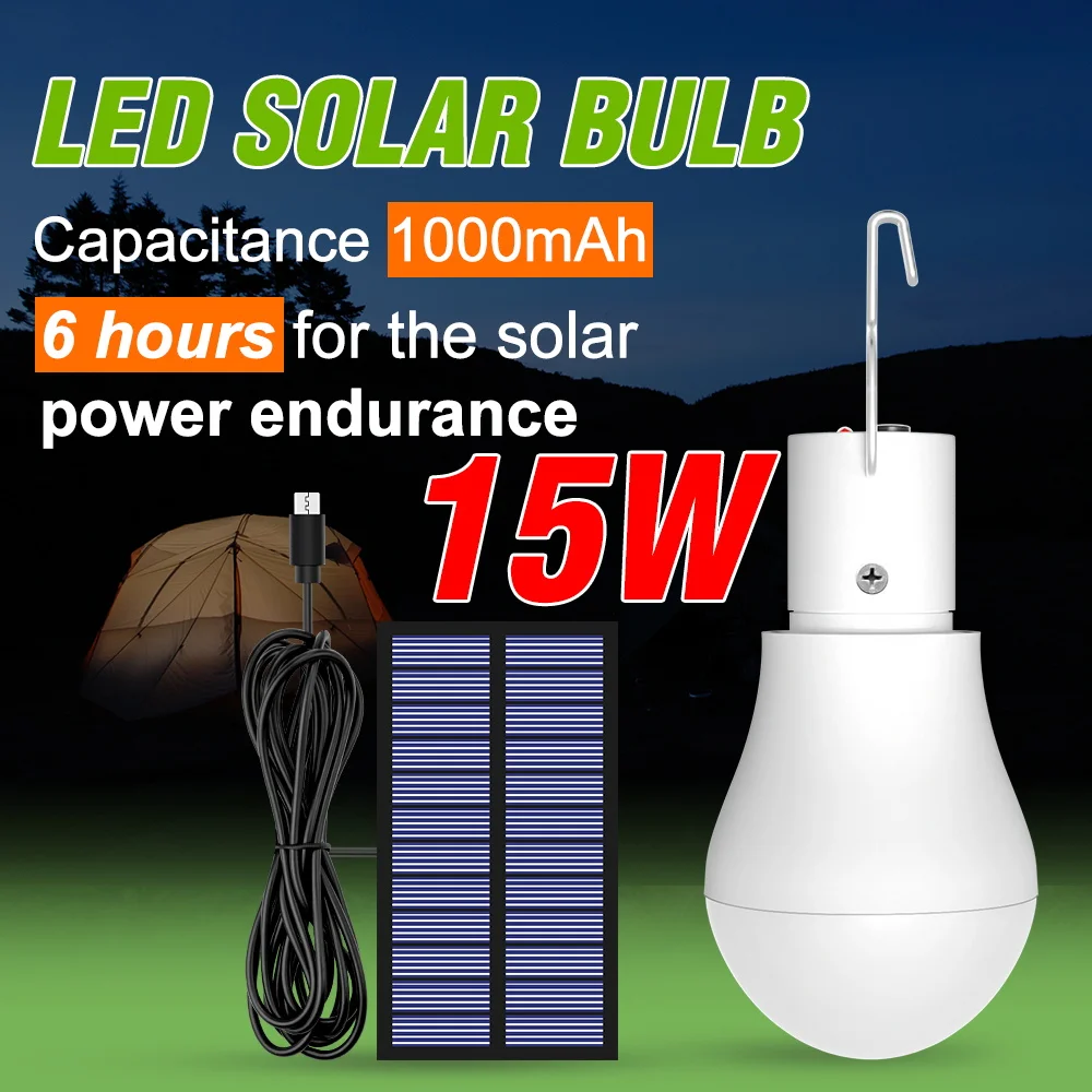 15W LED Solar Light Bulb USB Rechargeable Emergency Lamp IP65 Waterproof Solar Powered For Outdoor Camping Night Market Lighting