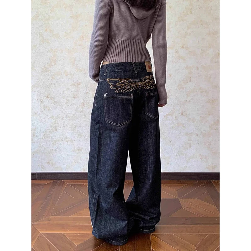 Celana Jeans Wanita ZHIZOU Model Baggy Bordir Gaya Grunge Jepang Low Rise Y2K Denim Estetika 2000-an Harajuku Abi Grunge Cyber Punk