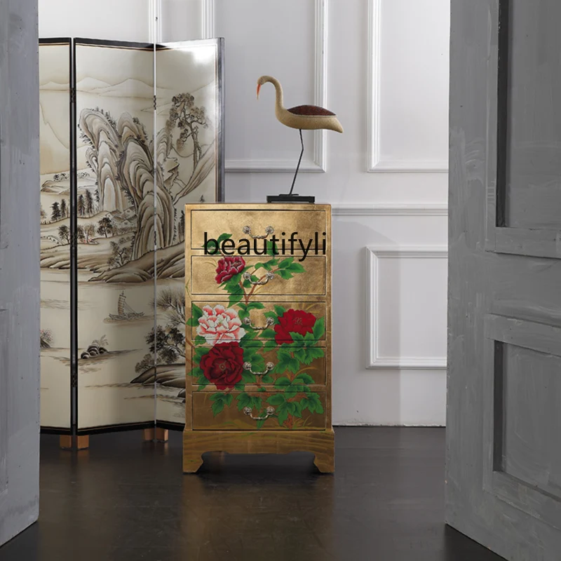 

New Chinese gold foil painted crane chest storage cabinet solid wood sofa side cabinet