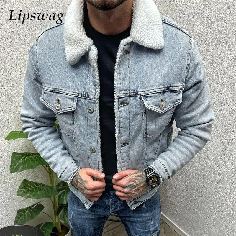 

2024 Spring Long Sleeve Denim Outfits Mens Jacket Coat Vintage Wool Patch Turn-down Collar Buttoned Denim Jacket Male Streetwear