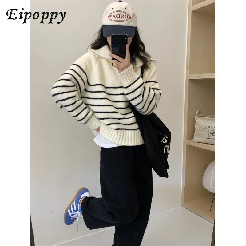 เสื้อสเวตเตอร์แบบสวมหัวมีซิปครึ่งตัวสำหรับผู้หญิงเสื้อสเวตเตอร์หนาสไตล์เกาหลีทรงหลวมและขี้เกียจใหม่