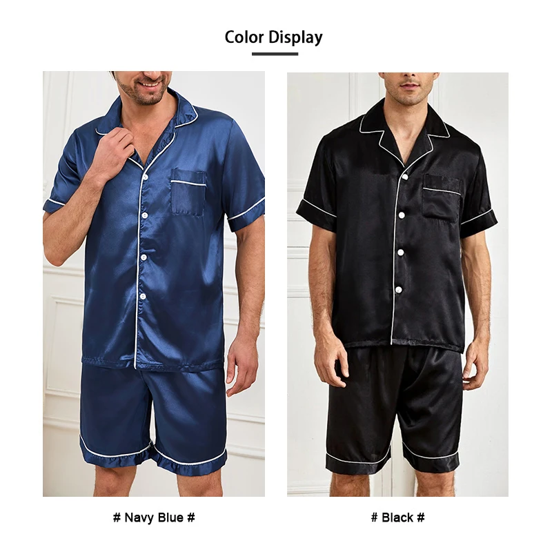 Herren-Pyjama-Set aus Satin, kurzärmelig, Sommer-Nachtwäsche für Herren, Button-Down-Hemd und Shorts mit elastischer Taille, Pyjama, Heimkleidung, 2-teilig – Detail 5