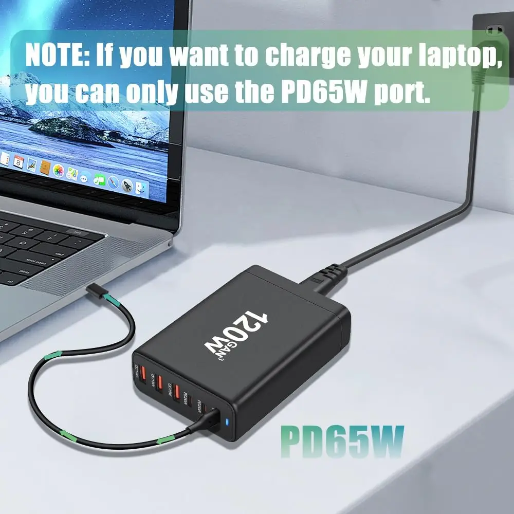 120W GaN 6-Port 3C3A USB Fast Charging Station Hub Portable Wall PD Quick Charger Power for Cellphones & Multi Devices