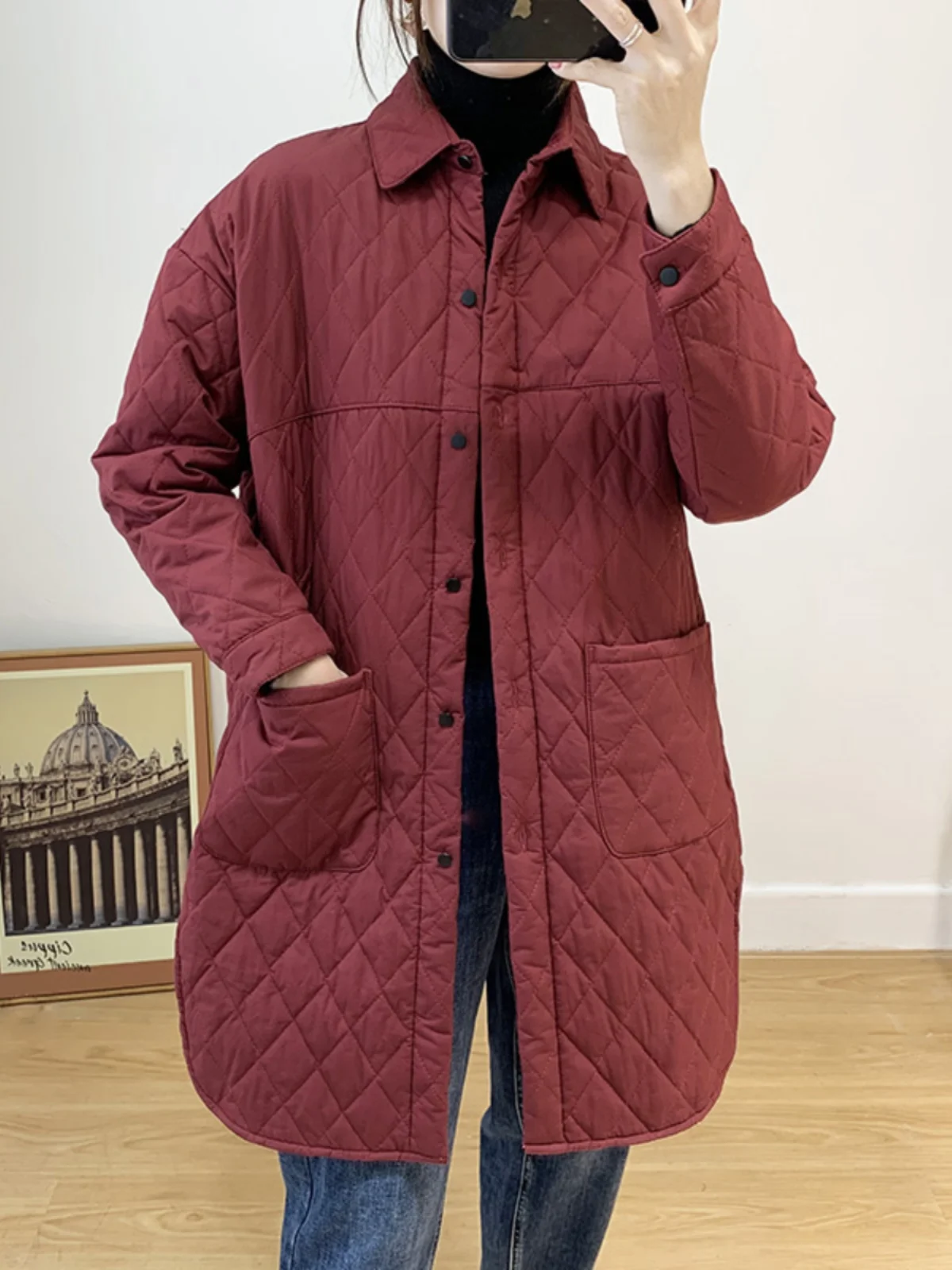 

Thiened Lightweight Cotton lin irt Women's Autumn Winter Middle Length Loose Versatile Diamond Patterned Velvet Coat