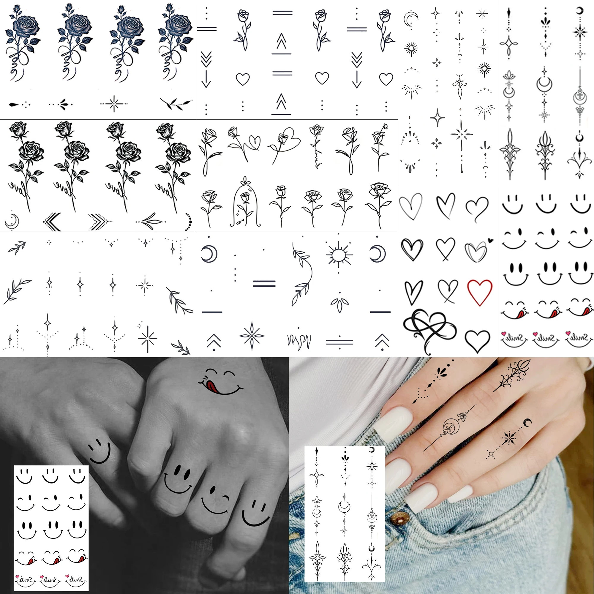 1 Sheet Rose Heart Smiling Face Temporary Tattoos For Couple Hands Finger, Temp Fake Tattoo Sticker Long Lasting Realistic Tatoo