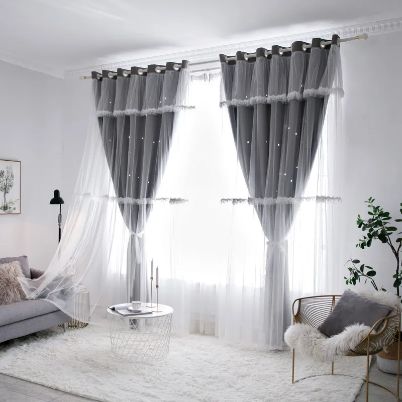 Pink 2-Layer Curtain with Star-Cutout Blackout Lining & Sheer – Dreamy Starry Night Drapes for Bedroom/Kids Room