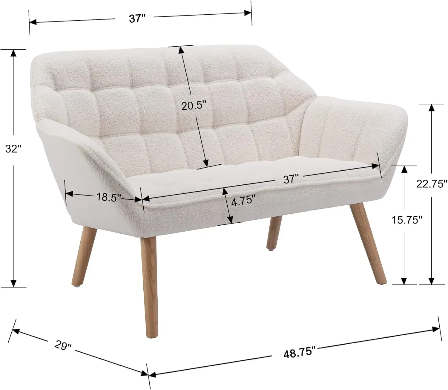 Fluffy Love Seat with Quilting Backs and Wood Legs for Living Room, Bedroom and Small Space, White, White; Fluffy