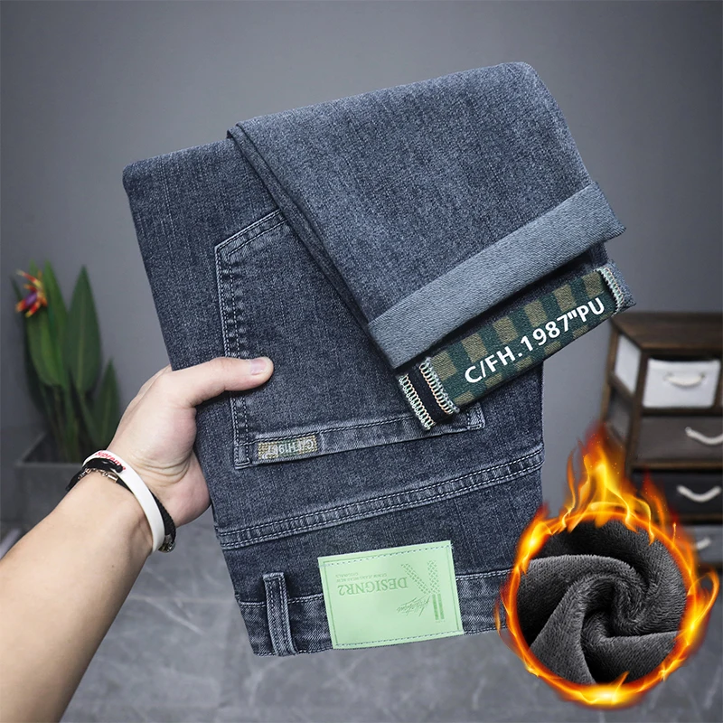 

Thiened Fce Lined Men's Jeans Slim Fit Youthful Sle Elastic Waist Dstring Closure Non-Stretch Fabric Comfortable Sp...