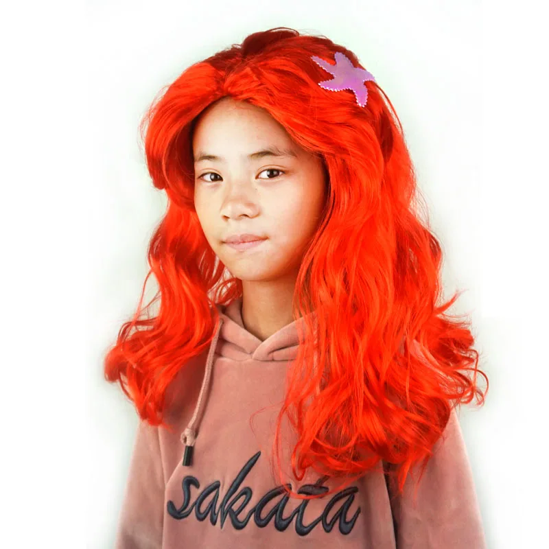 Cosplay Dress up Red Wigs Hair with Starfish Hair Clip Headwear Halloween Anime Cosplay Costume Mermaid