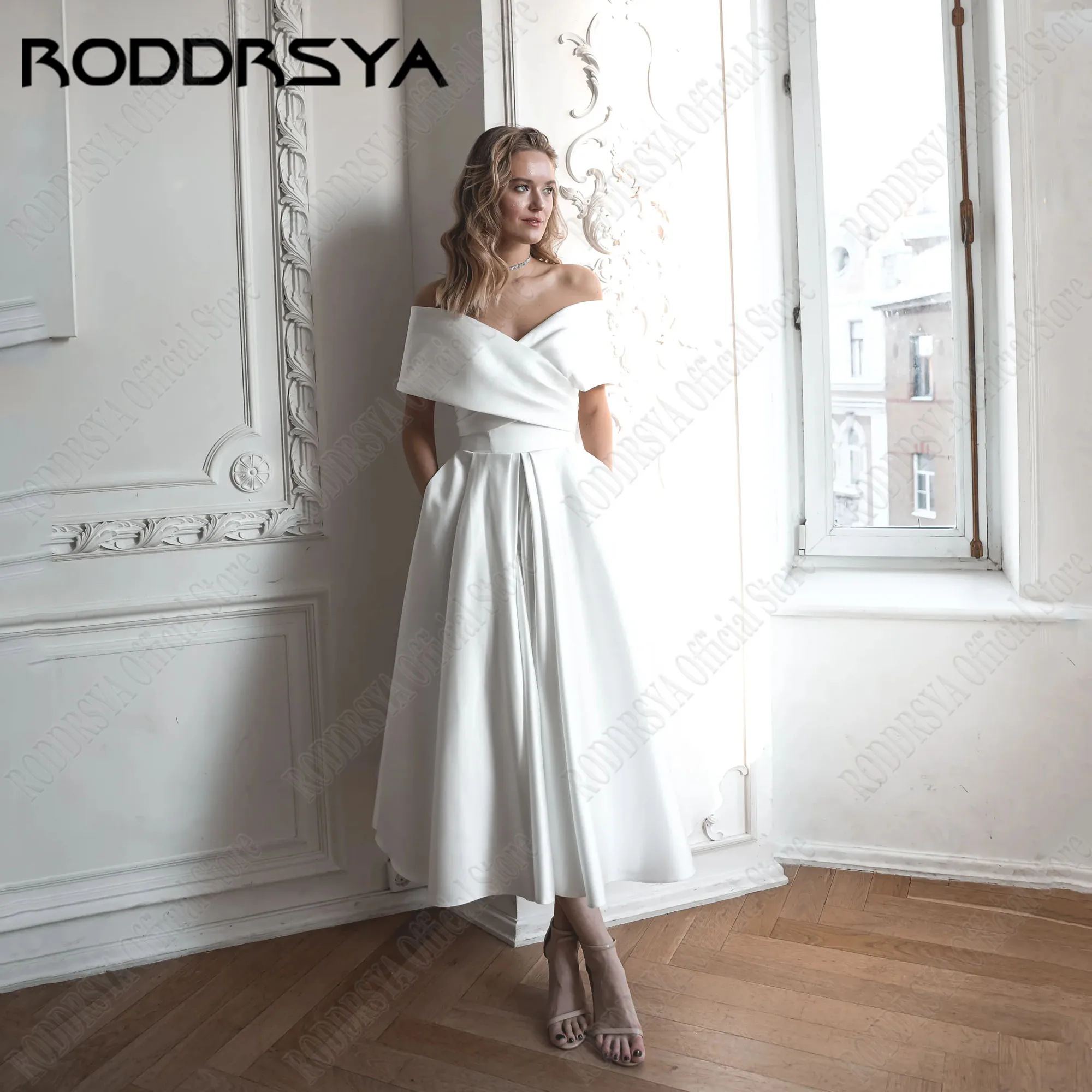 RODDRSYA Satin Off Shoulder Wedding Dresses 2024 A-Line Lace Up V-Neck Ankle Length Civil Bridal Gowns короткое свадебное платье