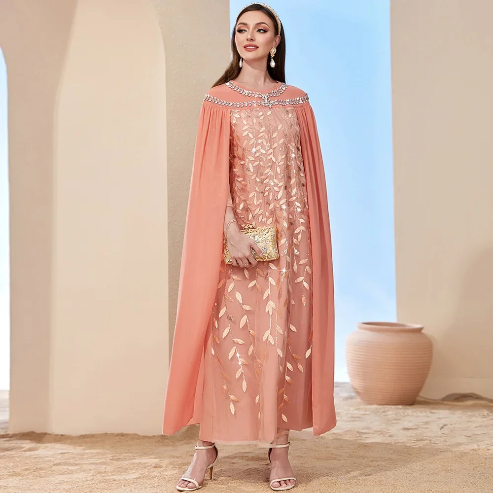 Eid Ramadan Abaya Embroidery Dress with Shawl in One Ladies Long Evening Dress Dubai Arabic Rhinestone Kaftan Islam Jalabiya