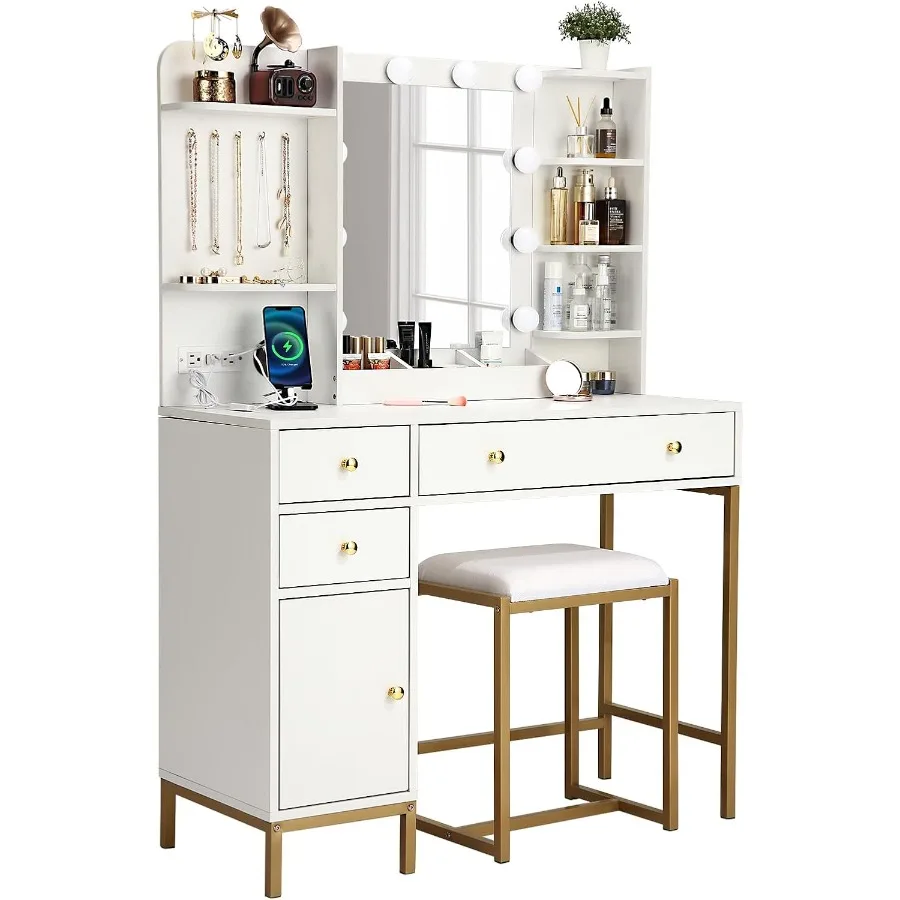 Vanity Desk Table with Mirror and Lights, Makeup Vanity Table Set with Power Outlet, Storage Drawers Chair, 39 Dressing Table w
