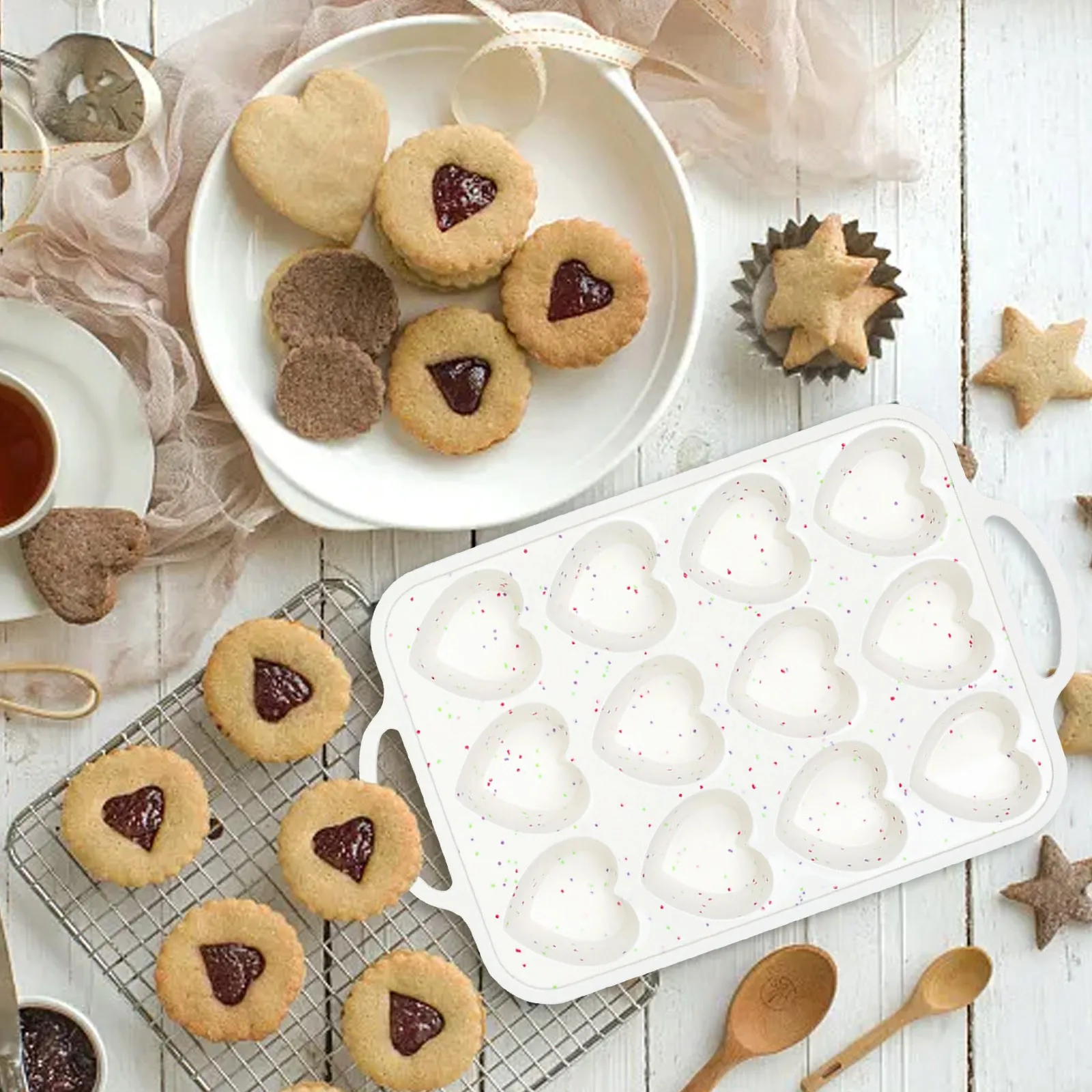 

Heart Shaped Silicone Pan Metal Reinforced Frame With Handle 12 Cups Heart For Baking Heart Shaped Egg Silicone Baking Mat Set