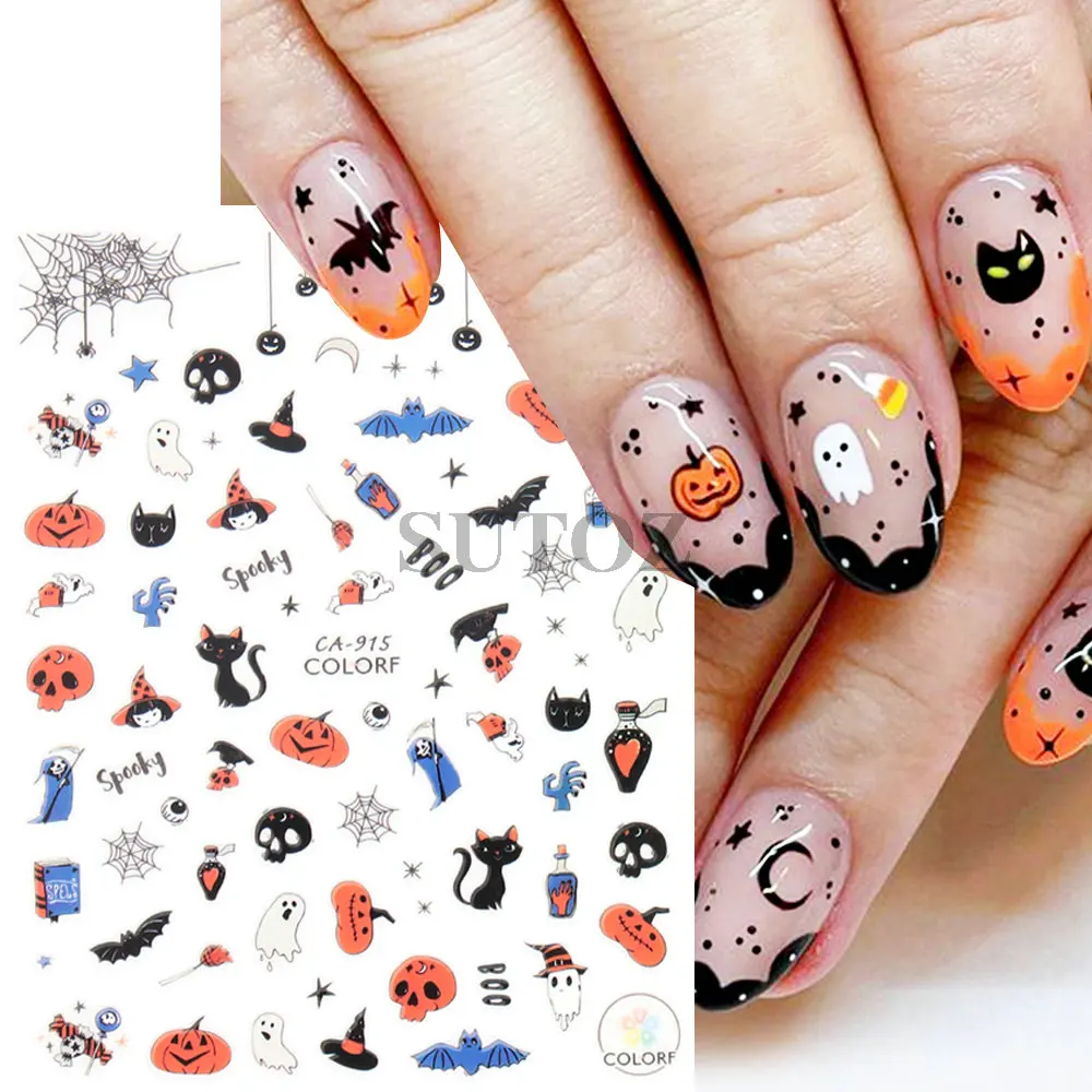 3D Mignon Fantôme Nail Autocollant Coloré Halloween Décoration Dessin Animé Citrouille Ongles Curseur Chat Noir Araignée Chauve-Souris Manucure Décalcomanies LEB-CA