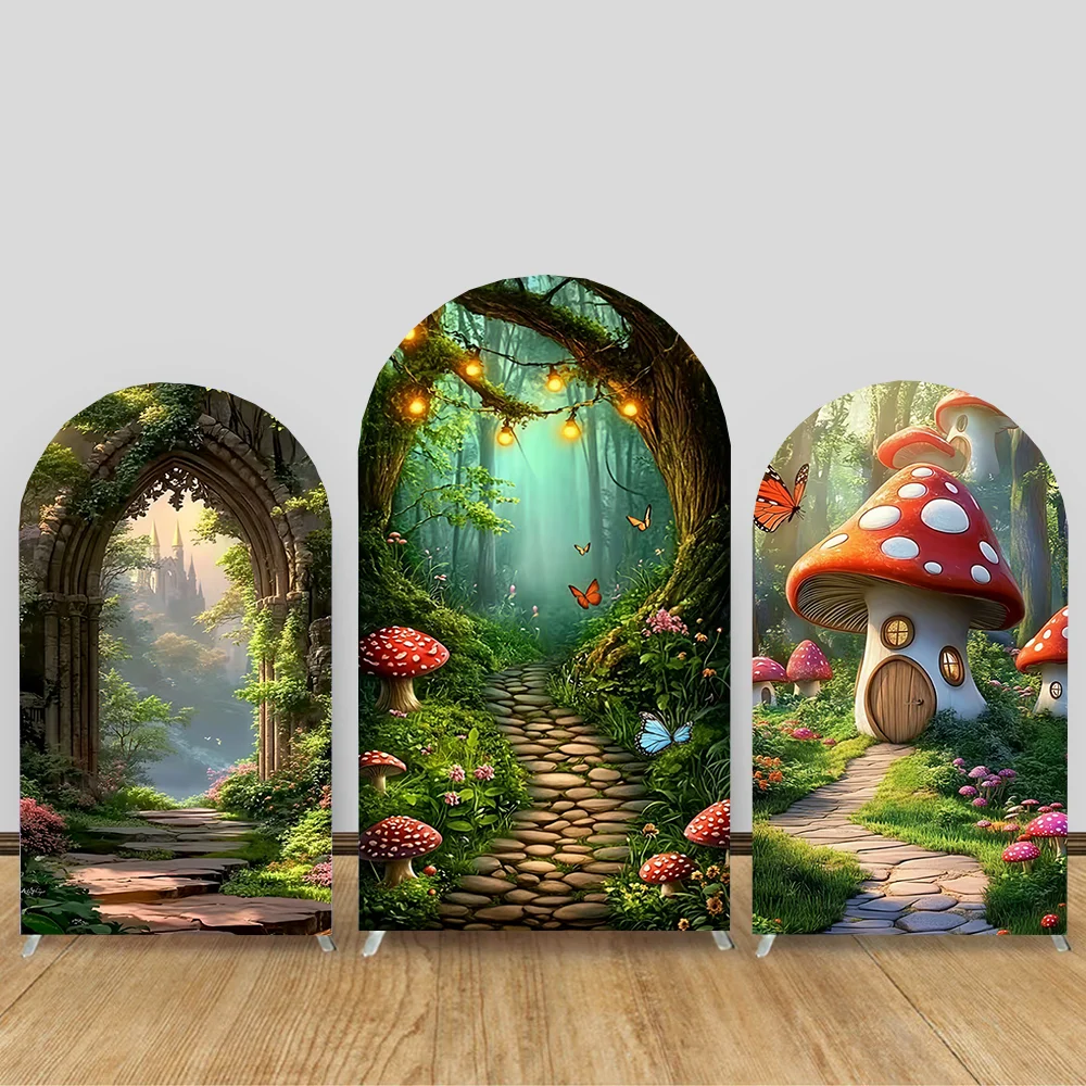 

Dream Forest Arch Photography Backdrop Cover Tree House Mushroom Butterfly Custom Decor Baby Girls Birthday Party Photo