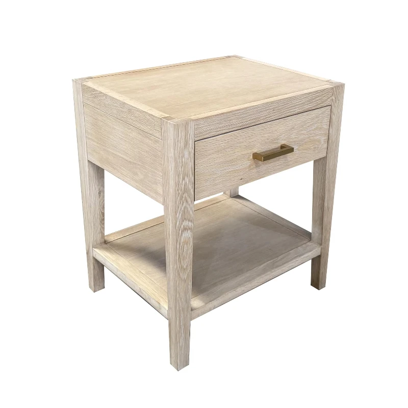 طاولة بجانب السرير بسيطة من خشب البلوط الأبيض المغسول بدرج واحد #1