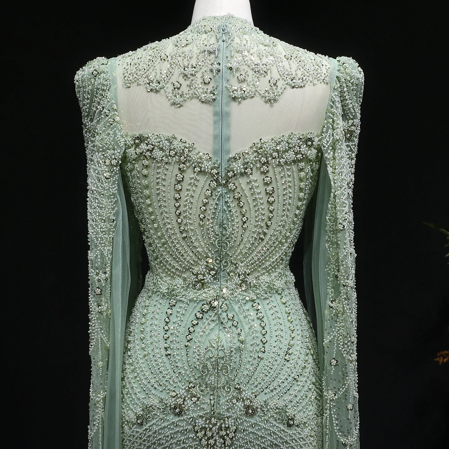 Sharon Said Elegantes Blaues Perlenbesetztes Abendkleid mit Cape-Ärmeln, Hochgeschlossenem Kragen, Arabisches Partykleid für Hochzeitsgäste SS079 Maßanfertigung – Detail 18