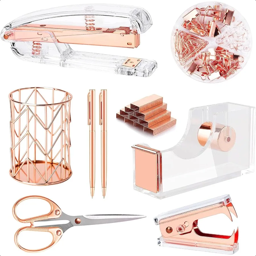 

Rose Gold Desk Accessories Office Supplies Set Acrylic Stapler Set Staple Remover Tape Holder 2 Ballpoint Pen Scissor Binder Pa