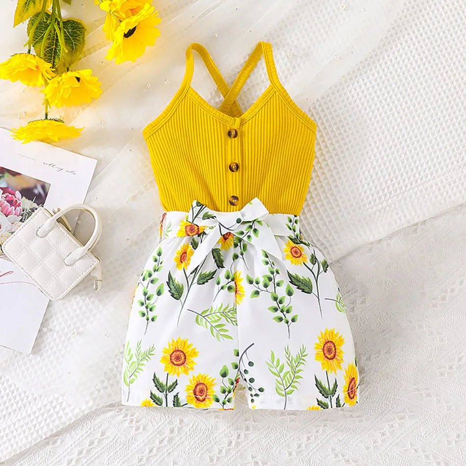 2024 Summer Collection Girls Pitted Stripe Halter Top and Floral Printed Shorts 2Pcs Children Sets with Belt Perfect Summer Look