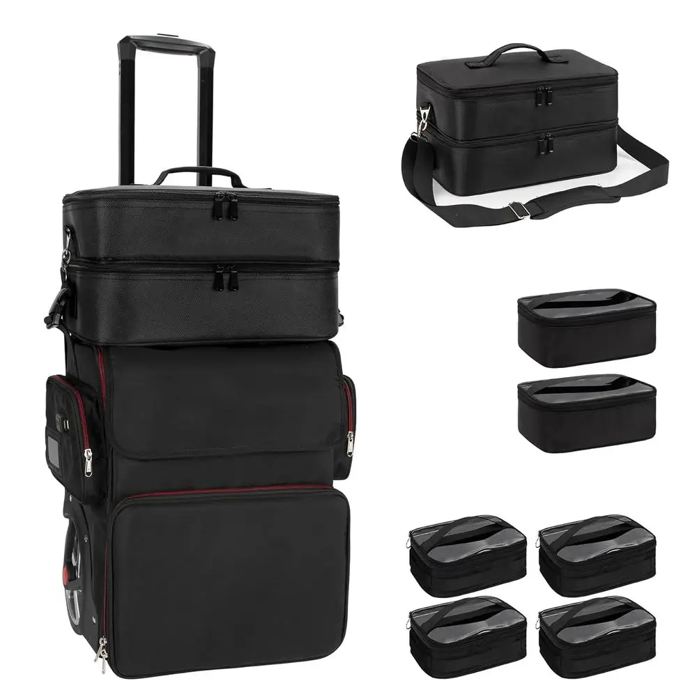 

Большой кейс для косметики с дорожной сумкой для макияжа и 4 прозрачными косметическими сумками для стилиста, сумка для парикмахера со съемным чехлом