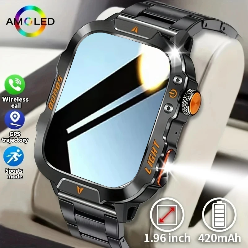

New smartwatch, 1.96 "screen, IP68, 420 mah battery, wireless talk, voice assistant, alloy body, flashlight, 100+ sports mode