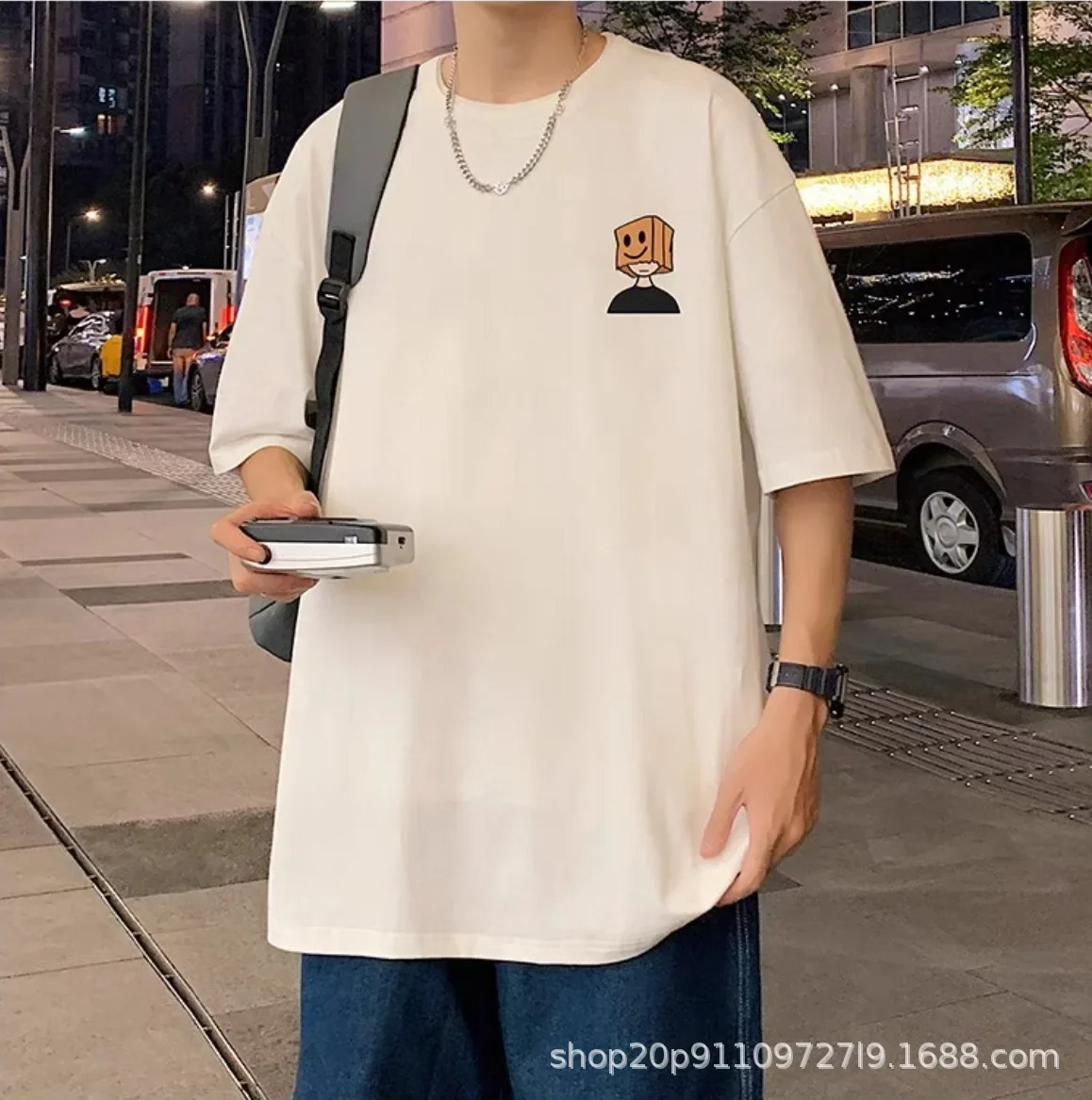 فضفاض عصري قصير الأكمام الرجال تي شيرت تنفس الكرتون طباعة الصيف أزياء عارضة أعلى نصف كم هونغ كونغ نمط المحملة #3