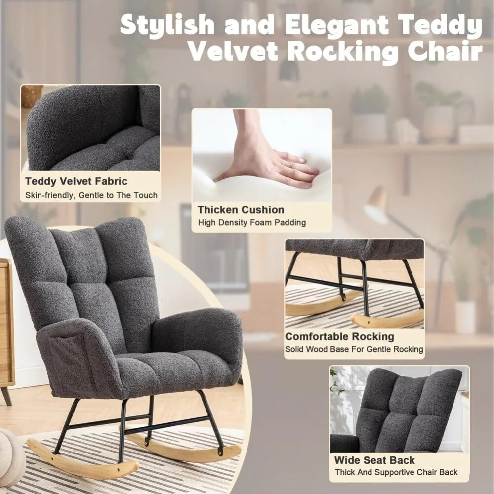 

Nursery Rocking Chair, Cushioned Gliding Rocking Chair with High Backrest Armrests, Comfortable Side Pockets