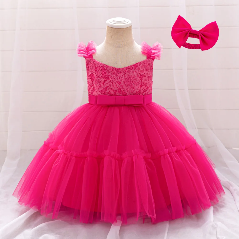 Toddler 1st Birthday Baby Girl Party Dress Elegant Flower Lace Wedding Princess Prom Dresses For Girl Bow Pink Bridemaid Costume