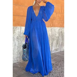 Sexy Deep V-neck Lace Up Chiffon Maxi Dress Women Pleated Party Spring Autumn High Waist Boho Long Dress Long Sleeve Dresses