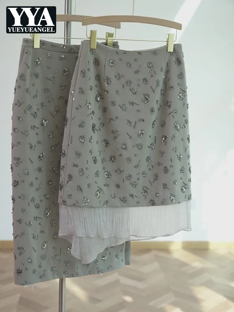 

Summer New Beading Sequin Short Skirt Work Ladies Zipper A-Line Sweet Skirts High Waist Straight Fashion Slim Fit Skirts Women