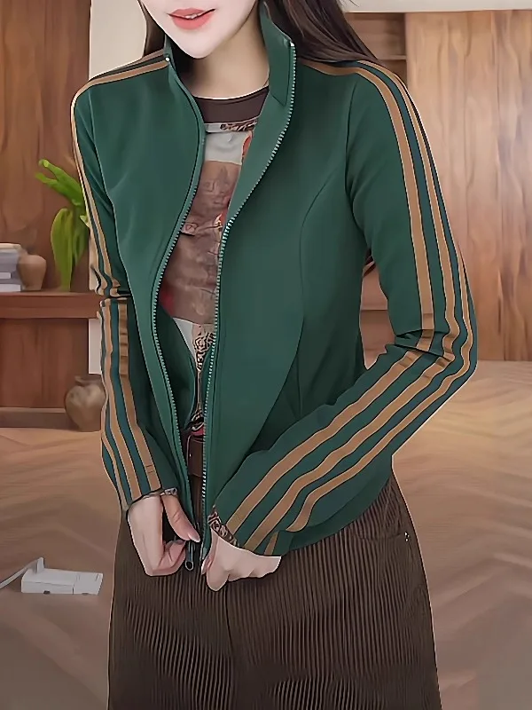 

Корейская толстовка с эффектом похудения, воротником-стойкой и капюшоном, женская, больших размеров, повседневная, в полоску, с двойной молнией, весенняя кофта