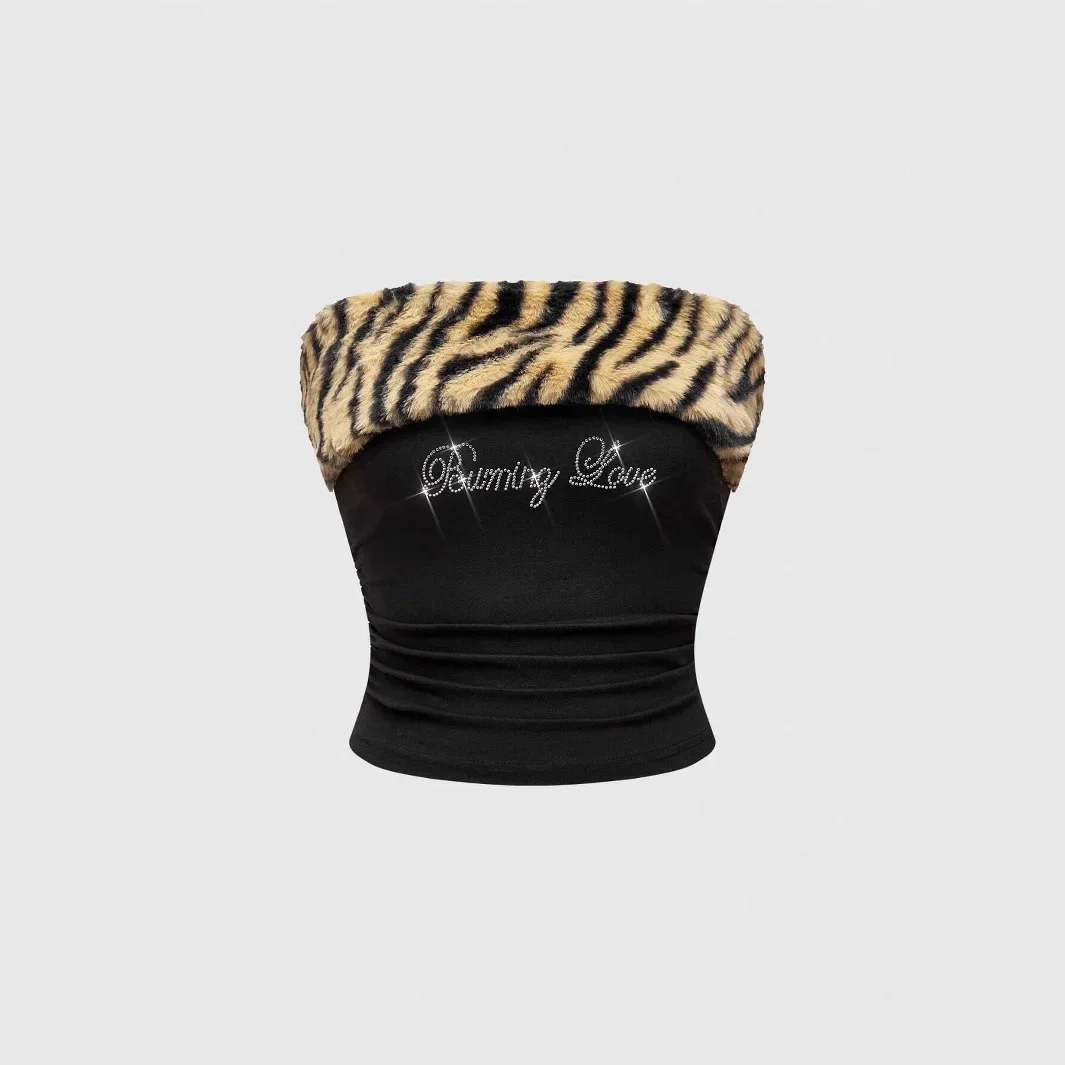 Sweet and spicy design, slim fit and tight, plush leopard print splicing, exposed button Spice Girl women's tube top, small vest