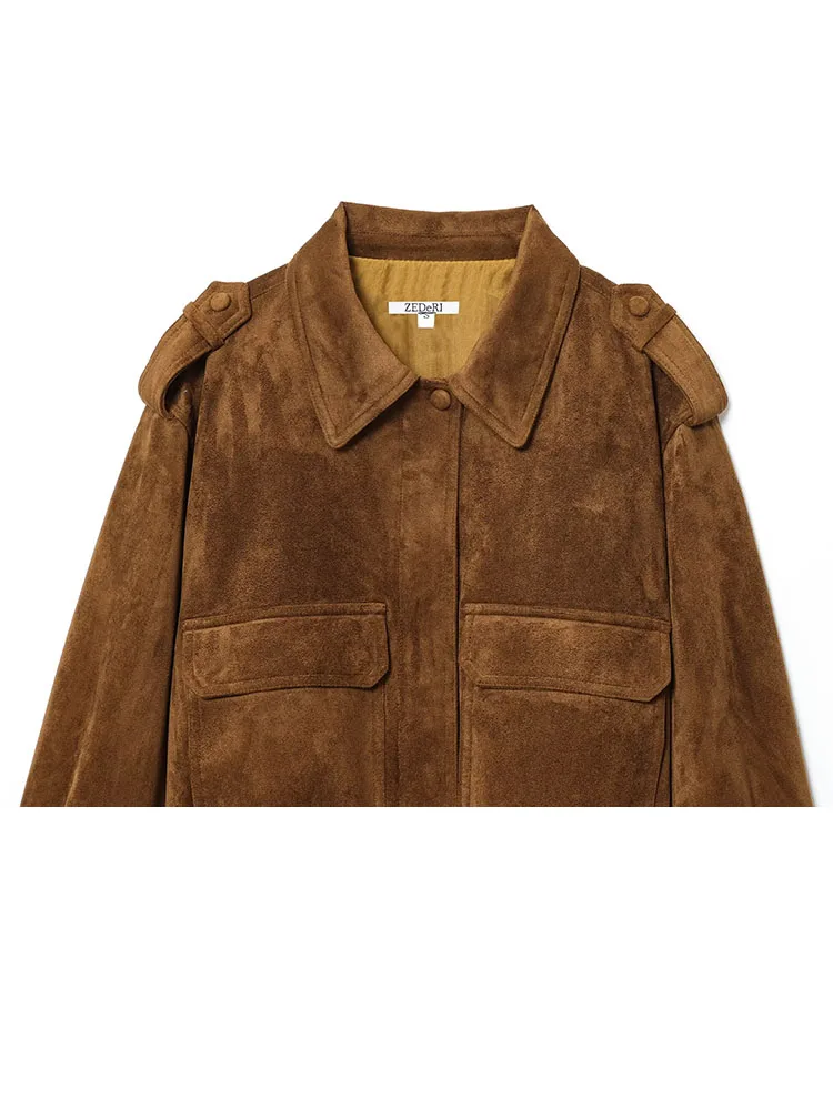 HH المرأة الخريف موضة الرجعية تنوعا الجلد المدبوغ التلبيب معطف طويل الأكمام الإناث أنيقة عالية الشارع سستة جيب سترة فضفاضة Mujer