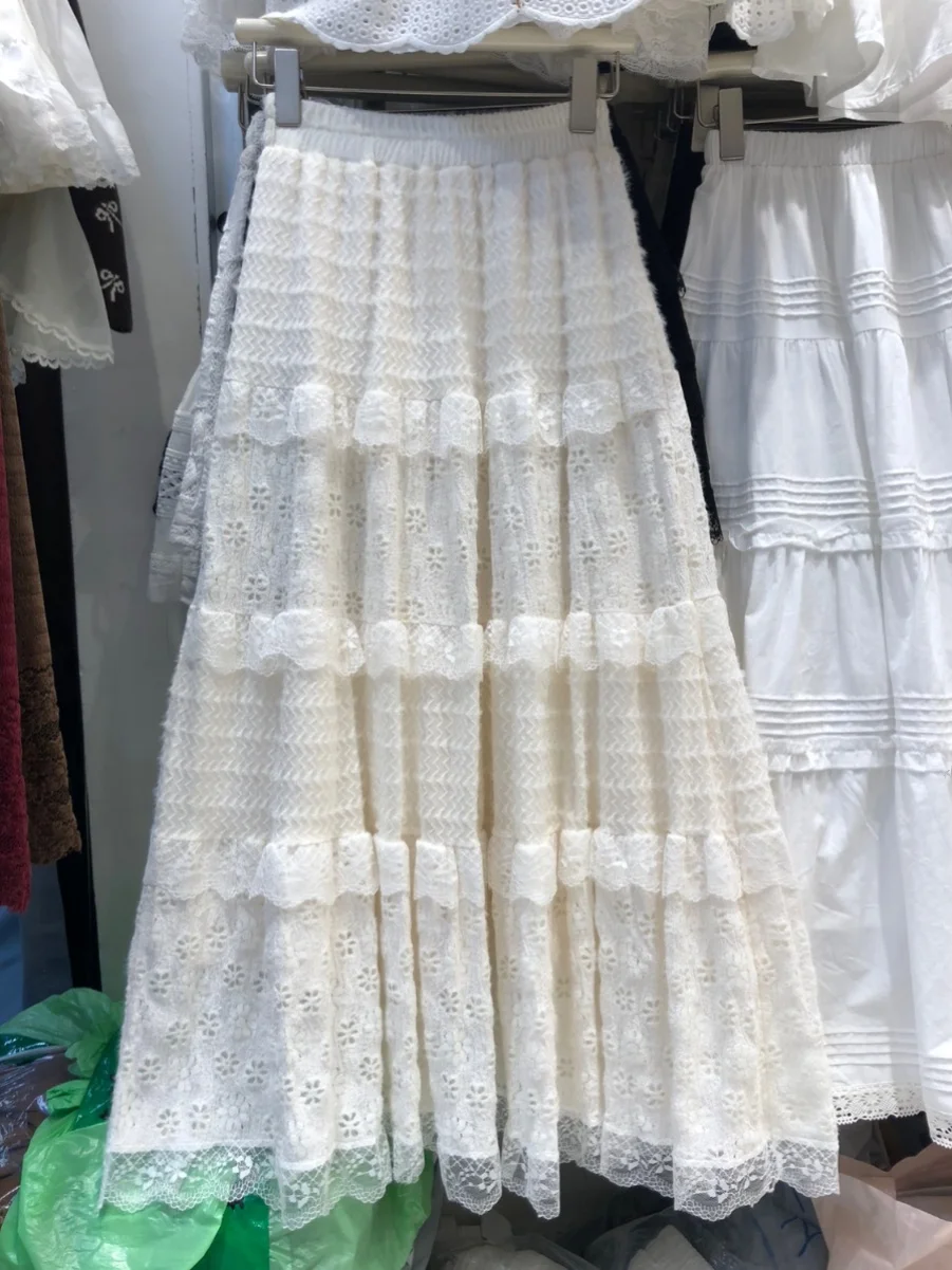 

Юбка А-силуэта с кружевом, длинная, в корейском стиле, с высокой талией, миди, пышная, весна 2025