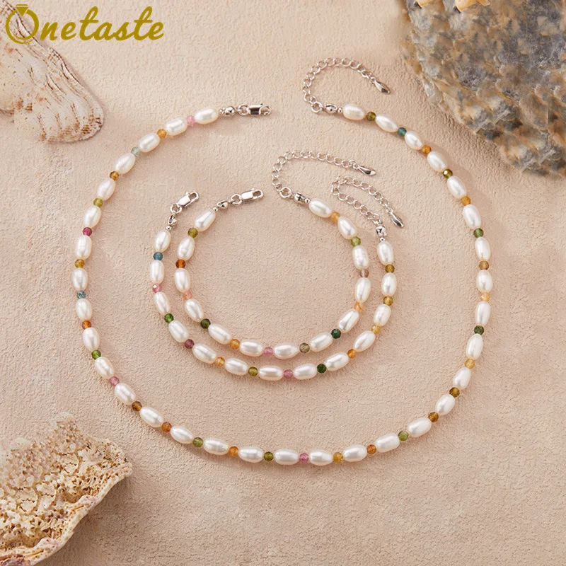 

Pearl Tourmaline 925 Silver Beaded Chain Jewelry Sets With Strand Necklace And Bracelet For Women Stackable Dainty Fashion Gift