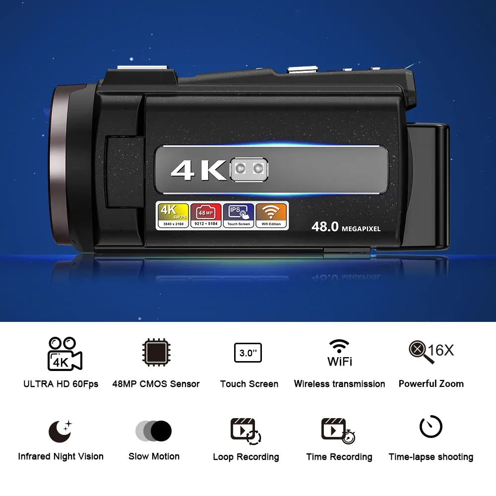 2022 Digital WIFI Camcorder 4K Full HD 16MP DV Camcorder Digital Video Camera 270 Degree Rotation Screen 16X Night Shoot Zoom