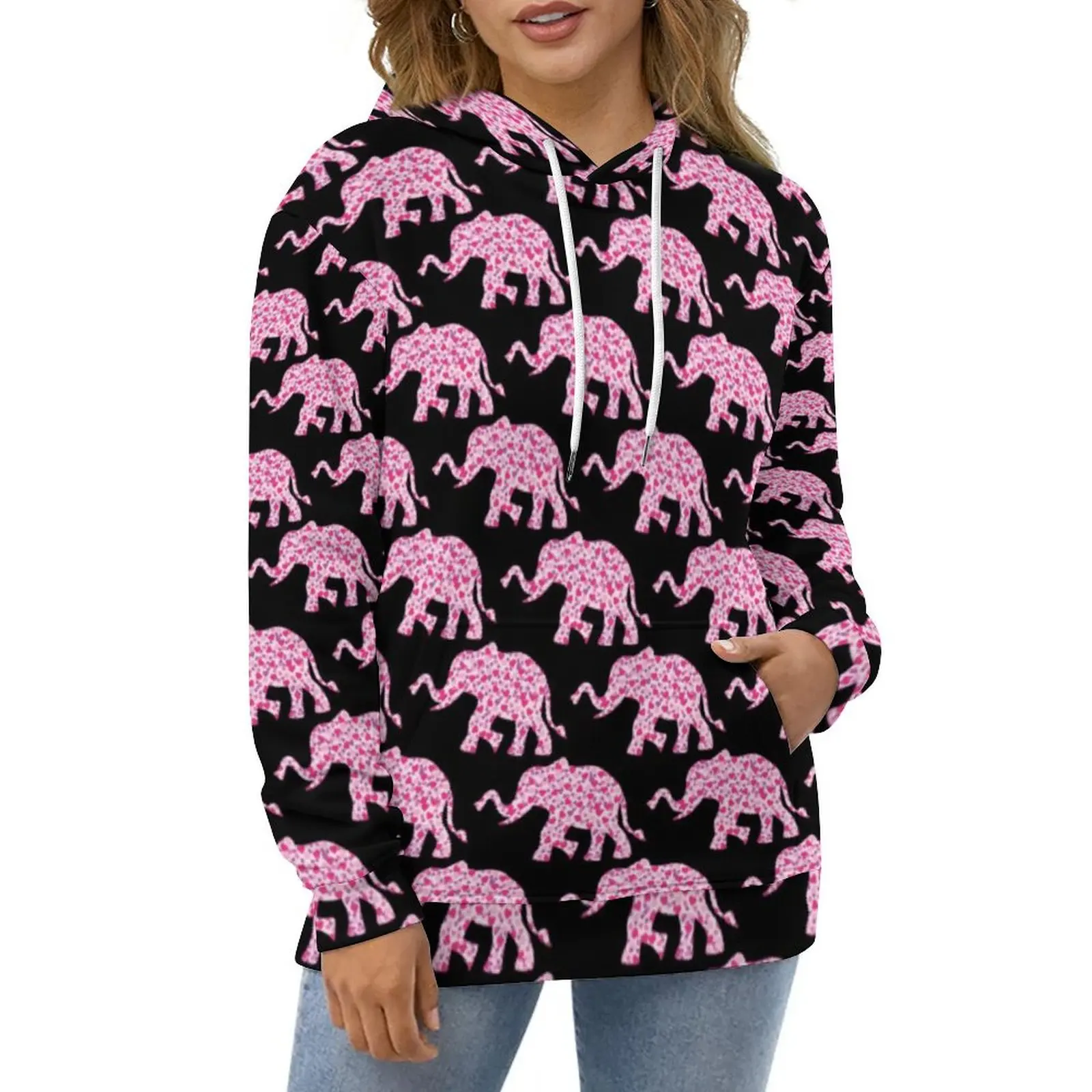 Elephant Print Hoodies Pink Hearts of Love Street Style Casual Pullover Hoodie Long Sleeve Pretty Design Hooded Sweatshirts