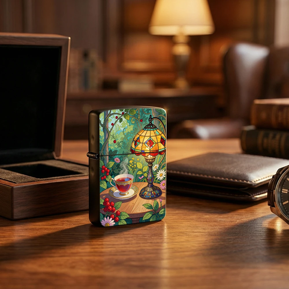 Art nouveau Flip Top Lighter lighters vintage Stained Glass Lamp Tea Cup Garden Scenery Print Pattern lighters for smokers