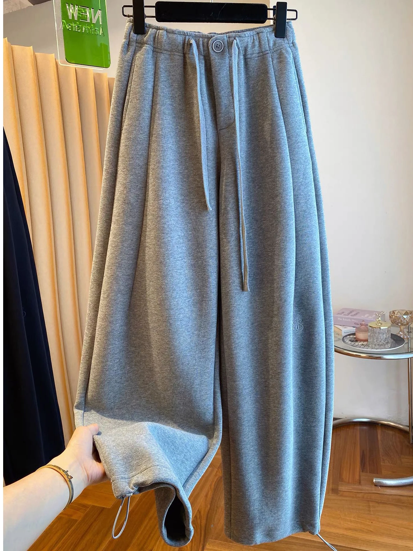 

High Waist Drawstring Trousers Women's Autumn Winter Fashion Brand Grey Fleece Lined Straight Leg Knife Pants