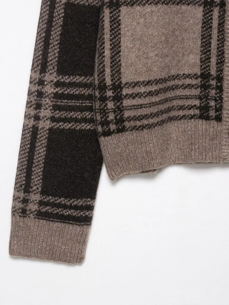 ETJ 2025 automne/hiver nouveau femmes Maillard marron à carreaux pull tricoté cardigan col rond court vintage manteau tricoté