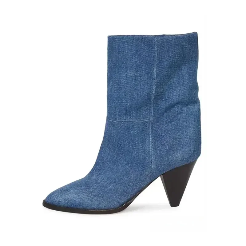 

Silvery Pointed Toe Conical Heel Women's Short Boots Blue Denim High Heels Loose Ankle Boots Simplicity Solid Color Size 34-45