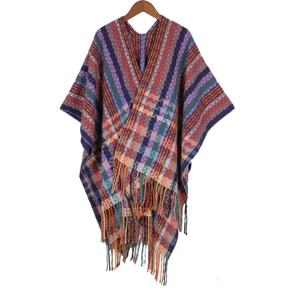Fashion Bohemian Mongolian Poncho Ethnic Style Keep Warm Stripe Tassel Shawl Gradient Color Winter Knitted Cape for Women