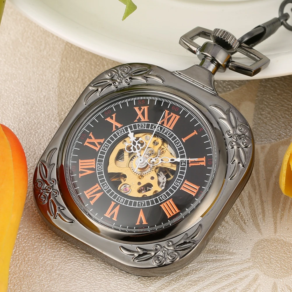 Black/Silver Square Vintage Mechanical Hand Winding Pocket Watch Fob Chain Open Face Roman Numerals Dial Pendant Clock Gift Men